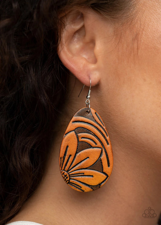 Paparazzi Garden Therapy - Brown - Leather Earrings